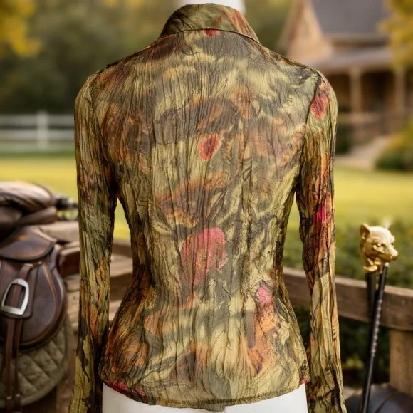 Lise P Paris Sheer Crinkle Button Front Blouse T3 Olive Floral Metallic - Picture 3 of 7